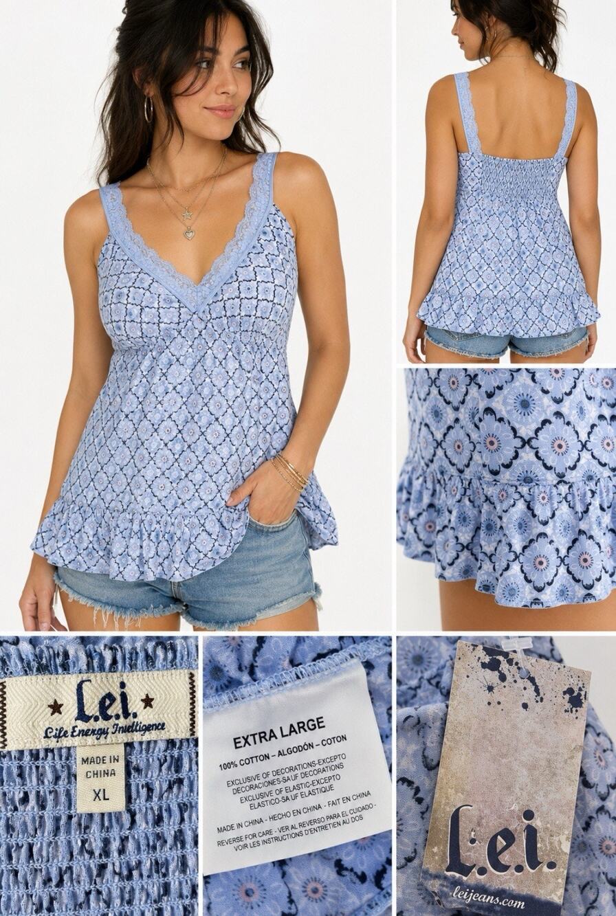 NWT Vtg Y2K Boho Indie Sleaze L.e.i. Floral Lace Trim Babydoll Cami Size XL Blue